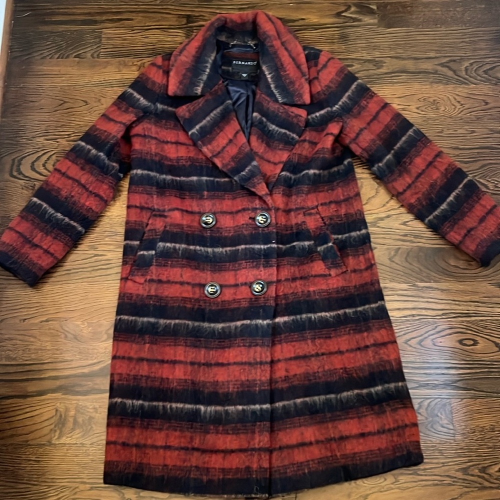 Bernardo Red and Black Striped Wool-Blend Double-Breasted Coat